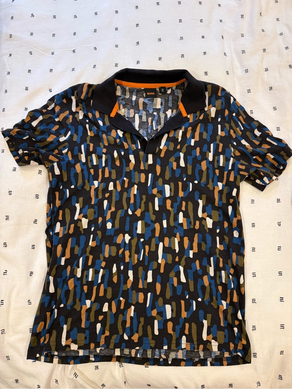 BOSS Men’s Short-Sleeve Polo in Black with Blue, Brown & Cream Pattern